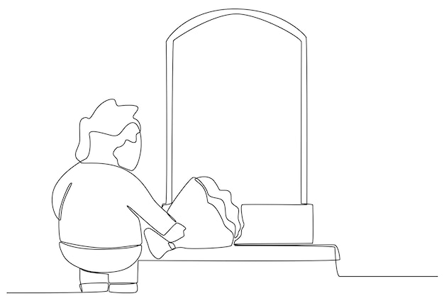 A fat boy visiting the cemetery carrying flowers One line drawing