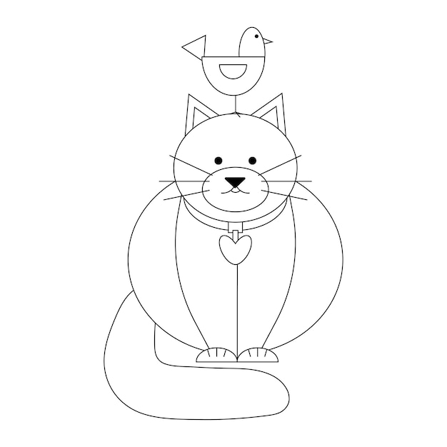 Fat cat with a small bird on his head, black line drawing, doodle isolated on white background.