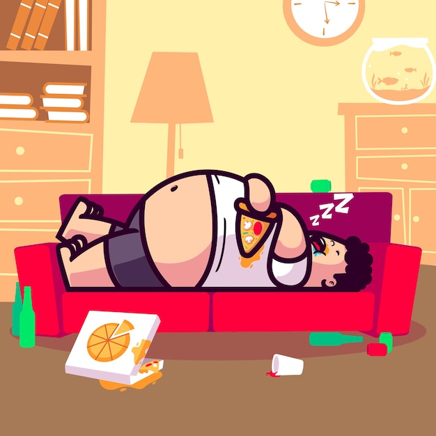 Fat guy sleeping on couch holding pizza cartoon illustration