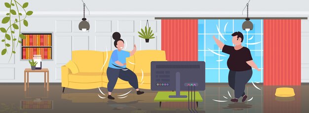 Vector fat obese couple exercising during tv show overweight man woman training while watching fitness program home workout weight loss concept modern living room interior