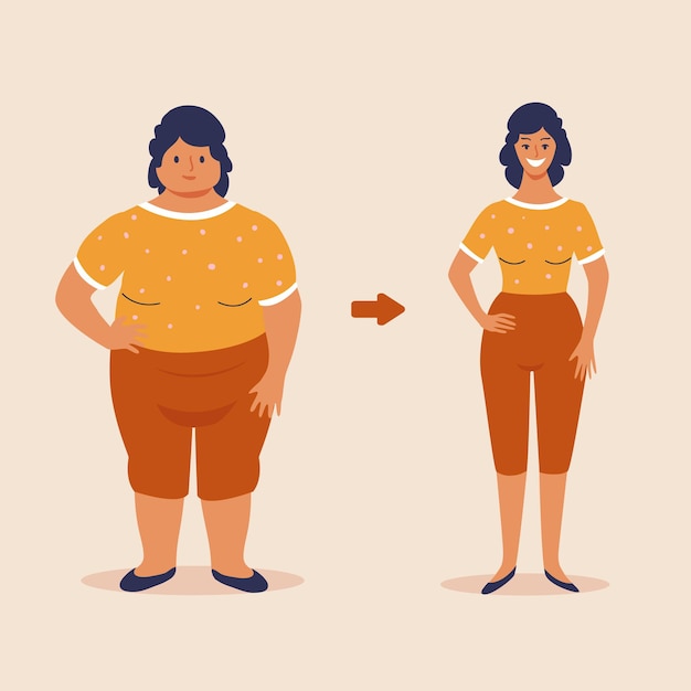 Fat and slim woman, before and after weight loss concept illustration, vector flat design