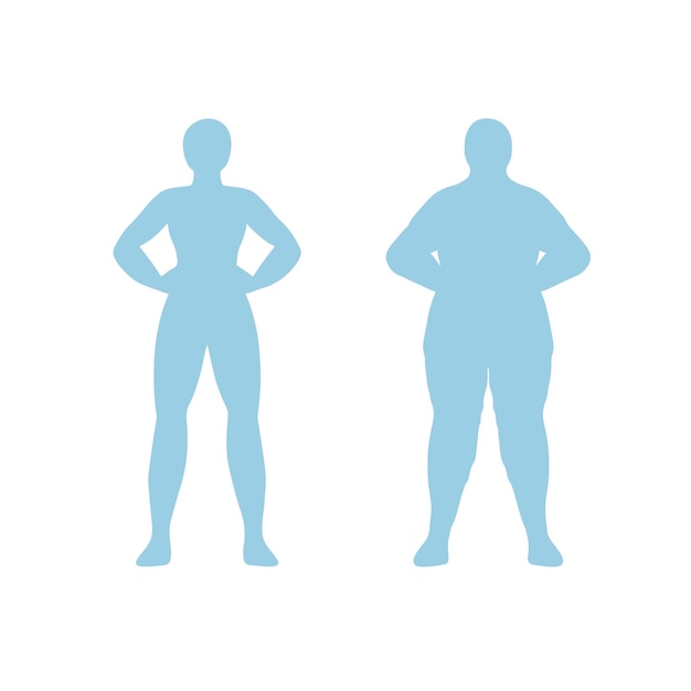 Fat and thin woman silhouette. Body mass index vector illustration. Obese woman and man silhouettes