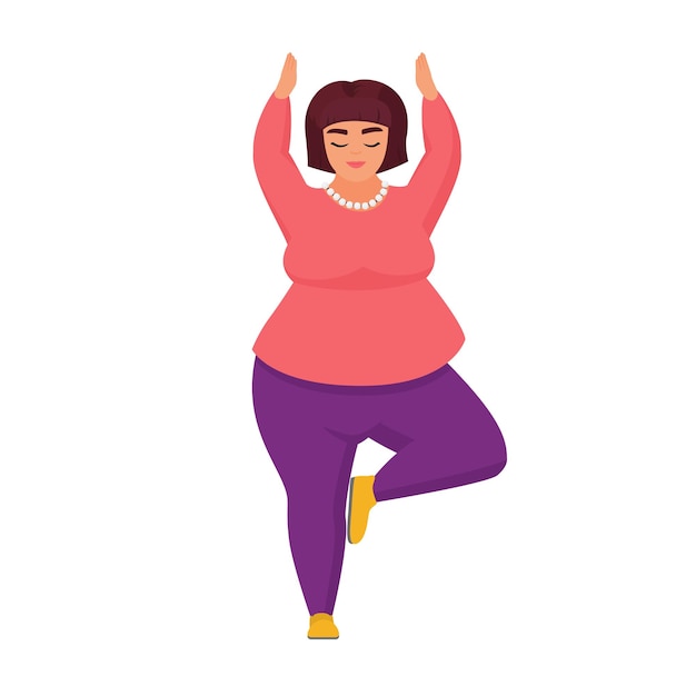 Vector fat woman in standing yoga position