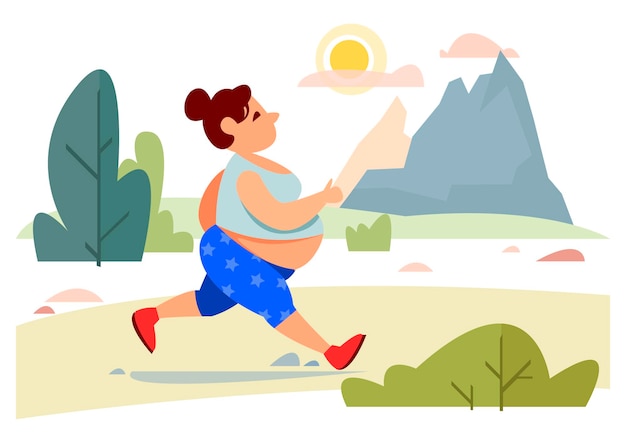 A fat woman in a tracksuit runs down the street on a background of nature Vector illustration in