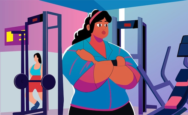 Fat young girl at gym flat illustration