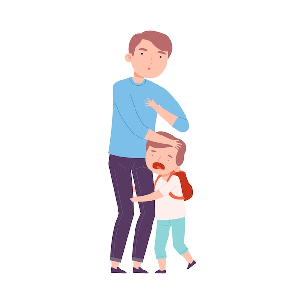 Father Accompanying his Crying Son to School or Kindergarten Dad Taking Upset Kid to Lesson Cartoon Style Vector Illustration