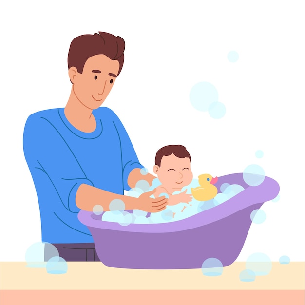 Father bathes a small baby in the tub