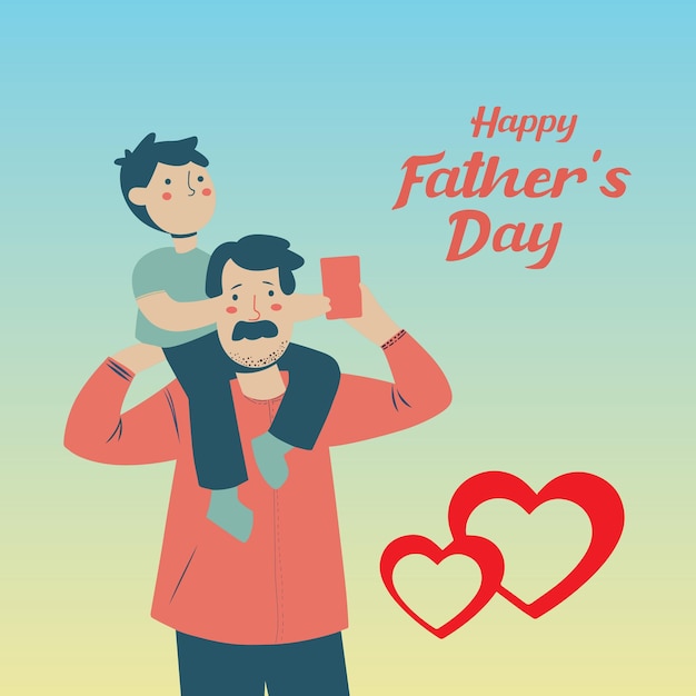 A father carrying a child on his shoulders with a happy face and the text Happy Fathers Day