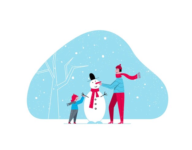 Vector father and a child characters making a snowman