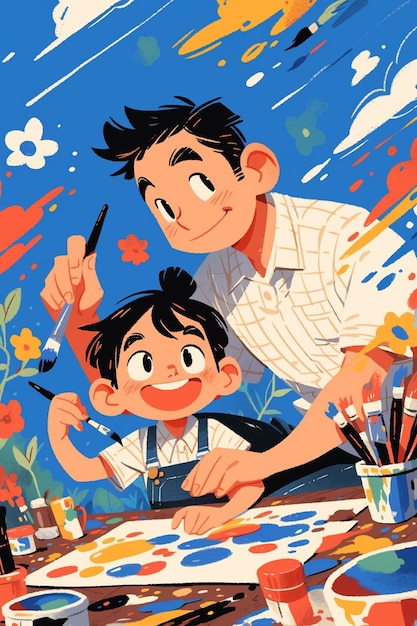 Father and child painting together on Fathers Day