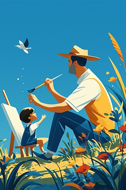 Father and child painting together on Fathers Day