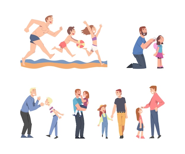 Father and Child Spending Time Together Playing Vector Set Young Dad and Happy Kids Having Fun Activity on Weekend