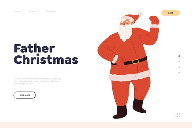 Father Christmas concept of landing page with happy dancing santa claus cartoon xmas character