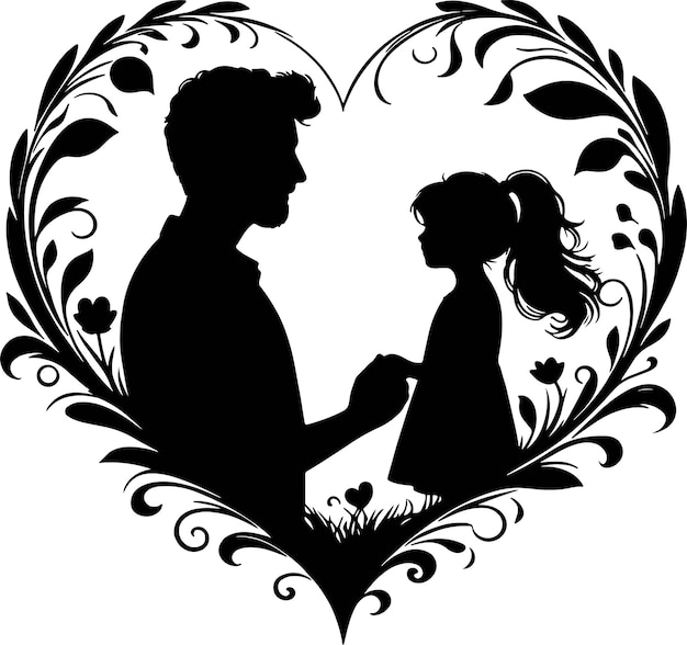 Father and daughter black silhouette in the heart shape