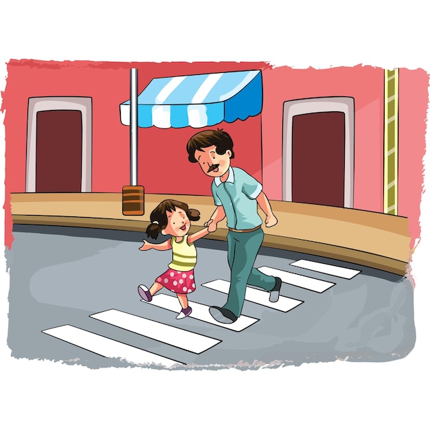 Father and daughter crossing road with zebra crossing