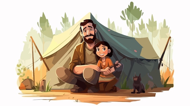 Father and Daughter Enjoying Camping Adventure in Cartoon style Vector Illustration