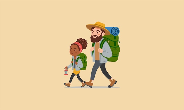 Vector father and daughter hiking with backpacks and a lantern