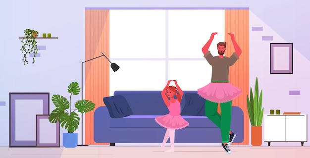 father and daughter in pink skirts dancing like ballerinas ballet lesson parenting fatherhood concept dad spending time with his kid at home full length horizontal vector illustration