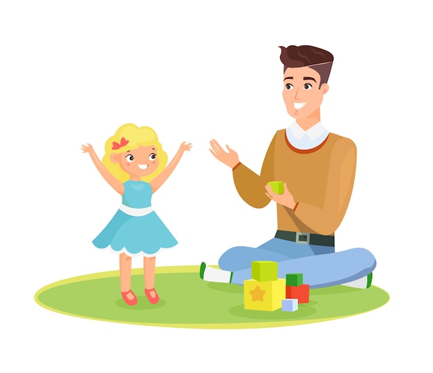 father and daughter playing on the carpet with toys, daddy and kid, Happy child and father together