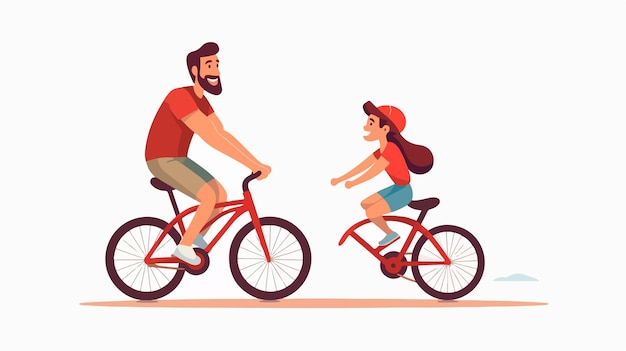 Vector father and daughter riding bicycles little girl enjoying outdoor activity with parent