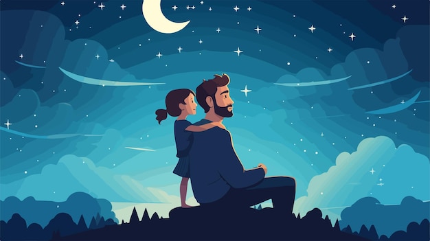 Vector a father and daughter sit on a hill under a moonlit night sky