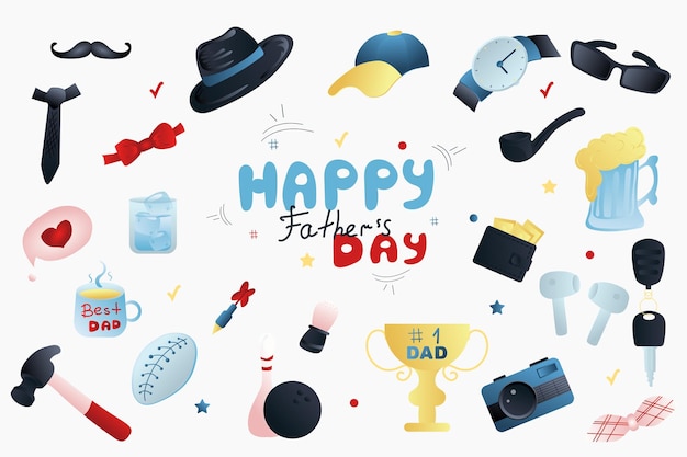 Father day holiday isolated elements set in flat design Bundle of mustache tie hat cap wristwatch glasses tube beer glass key camera gold cup shaving brush and other Vector illustration