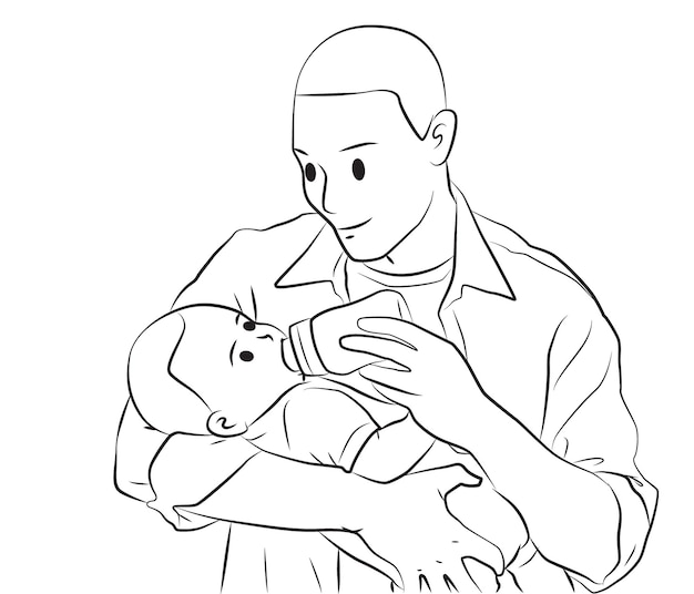 Father give milk to his baby outline cartoon illustration