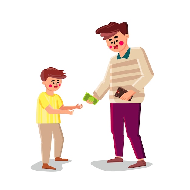 Father Gives Money Little Son For Purchases Vector. Man Giving Money Small Boy From Wallet For Payment, Finance Education. Characters Financial Relationship Flat Cartoon Illustration