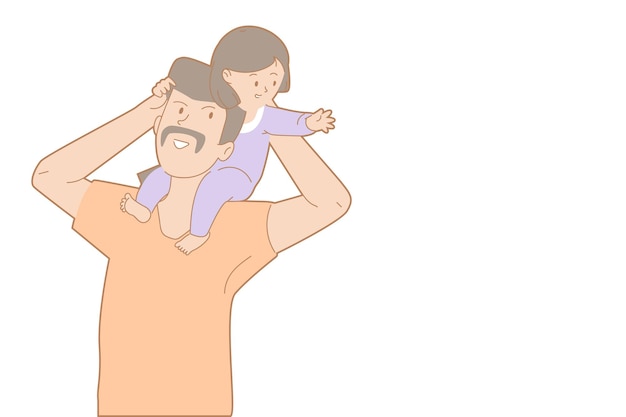 Father and his child in activity, sense of tenderness of children development, carrying of love, his child's enjoy flying and play,  flat vector illustration in soft color tone for children business.