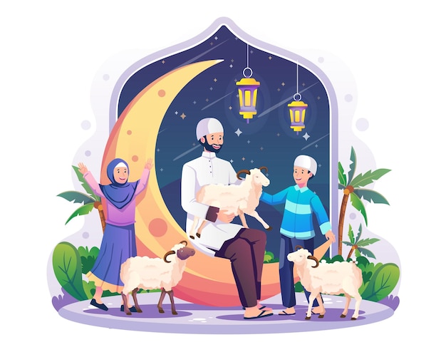 A father and his children are celebrating the night of Eid alAdha with the sheep illustration