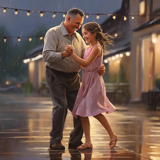 A father and his daughter dancing in the rain their smiles reflecting the pure happiness