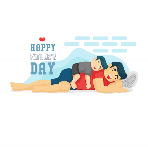 Father and his son are sleeping together. the son hugging the father on top the father body. happy father's day  vector illustration.