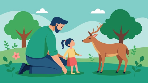 A father and his young daughter bonding over a shared love for animals as they spot a deer grazing