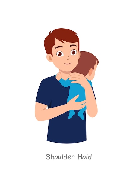 Father holding baby with pose named shoulder hold