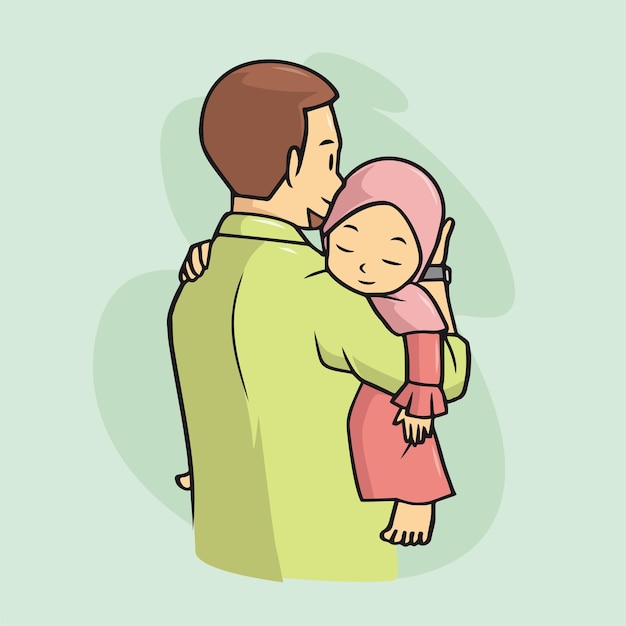 Father holding cute daughter in hijab