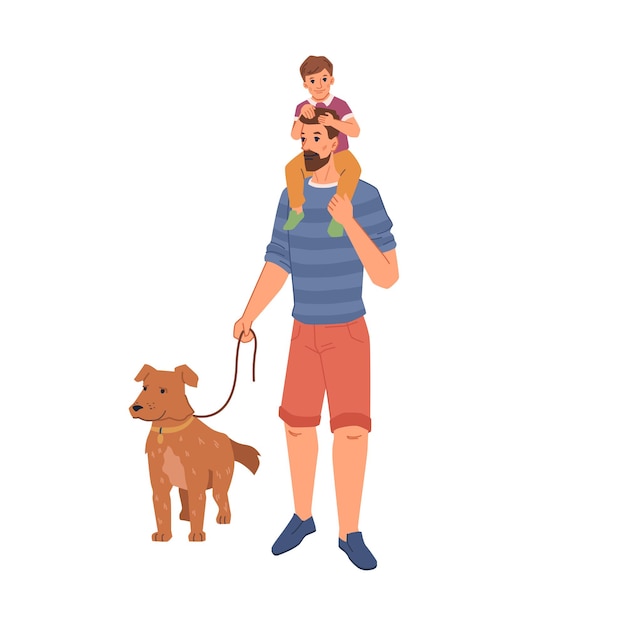 Father holding son on shoulders walking with dog isolated pet owner with canine animal on lash flat