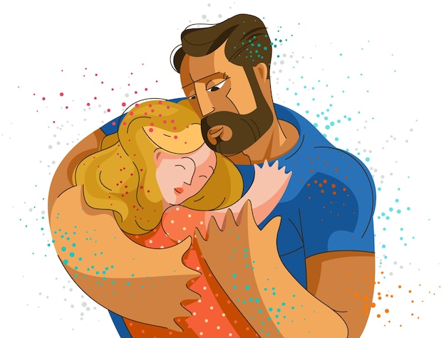 Father hugging his small daughter girl with love and care, fatherhood and parenting family lifestyle theme vector beautiful illustration.