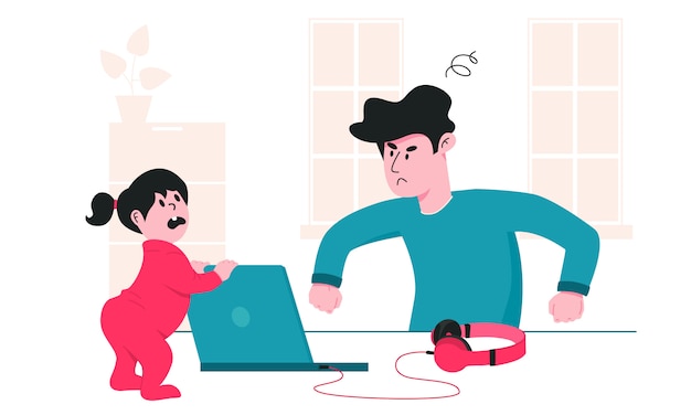 Father is angry at his little daughter, who constantly interferes him from work. Parenting problems during covid-19 quarantine. Working from home and staying safe colorful illustration.