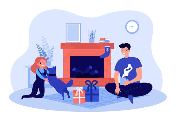 Father and kid sitting with dog near gifts and fireplace. Family spending holiday time together in cozy room flat vector illustration. Christmas concept for banner, website design or landing web page