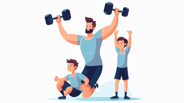 Vector father and kid sports strength exercises