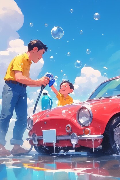 Father and kids washing the car together on Fathers Day