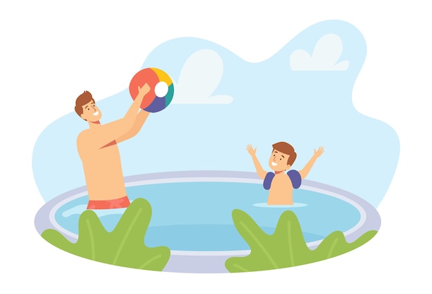 Father and Little Son Playing in Swimming Pool Splashing and Throwing Beach Ball. Happy Family Characters on Vacation