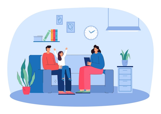 Father, mother and happy daughter reading story book together. Adult man, woman and child sitting on home sofa in comfortable living room flat vector illustration. Education, family time concept