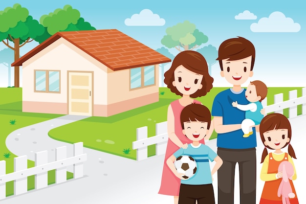 Father, Mother, Son And Daughter Standing Front Their Family Home