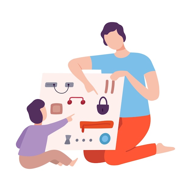 Father Playing Educational Game with his Son Parent and Kid Spending Time Together at Home Flat Style Vector Illustration