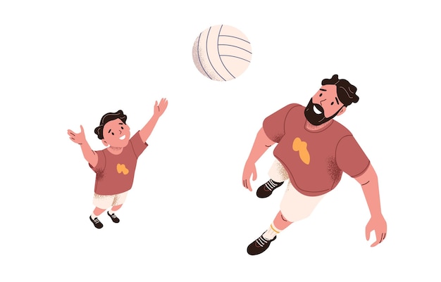 Father playing with son Happy dad and child tossing ball together Active daddy and boy kid during bonding outdoor leisure activity Flat vector illustration isolated on white background