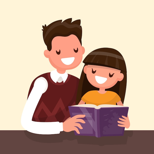 Father reading a book to his  daughter.   illustration