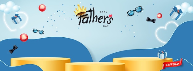 Father's Day card with product display cylindrical shape and gift box for dad on blue background