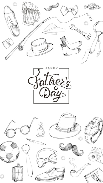 Father's Day collection of hand drawings of male accessories on white background Card with calligraphy hand drawn lettering Parenting fatherhood concept set for summer holiday Vector illustration