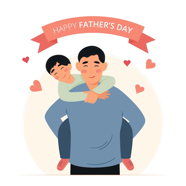 Father's day concept Happy dad holding his son Vector illustration in flat cartoon style